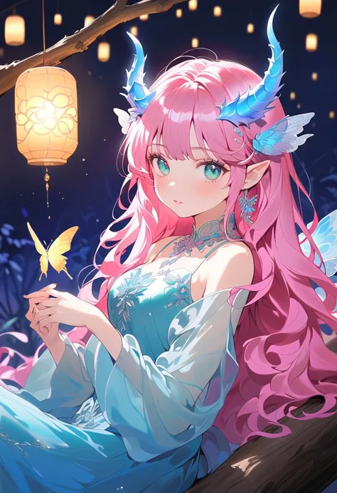 This character is a woman with a magical and graceful aura, seductive lips. She has long shiny bright pink hair, unique bright light blue horns resembling a dragon. Her sharp green eyes were shining, she was wearing a short, white, blue dress decorated wit...