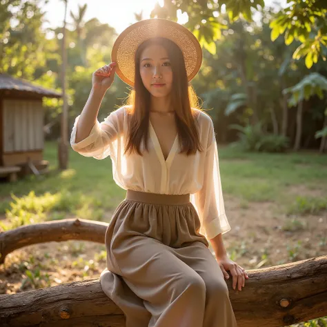 A serene woman seated gracefully on a fallen tree in an outdoor rustic setting, wearing traditional Thai attire with soft earth-tones. She is holding a woven straw hat to shield herself from the golden sunlight, which filters through the trees and creates ...