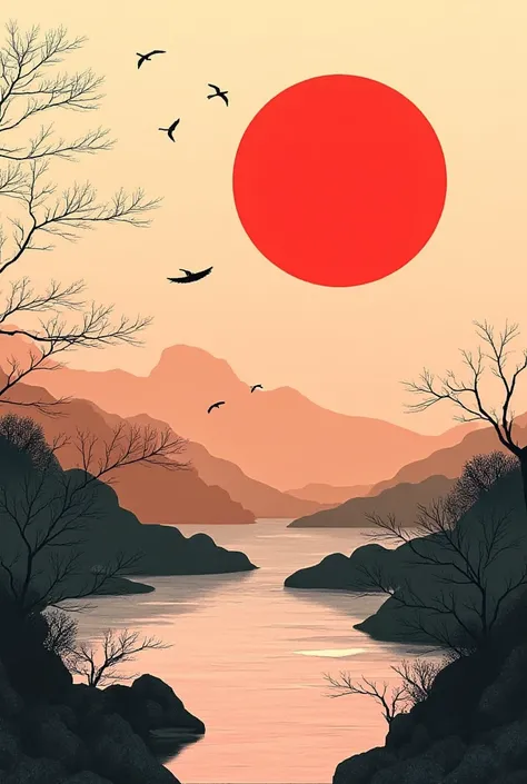 ((masterpiece, highest quality, Highest image quality, High resolution, Extremely detailed photography, 8k wallpaper), beautiful sunset just like traditional Chinese black ink painting, red sun, crane shadow flying from far