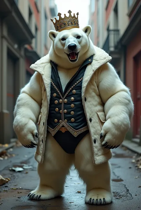 A polar bear in a theif gang wearing a powder blue frilly jumper, black leather kickerbockers and a bejewled crown. He is the muscle of the group, and unhinged