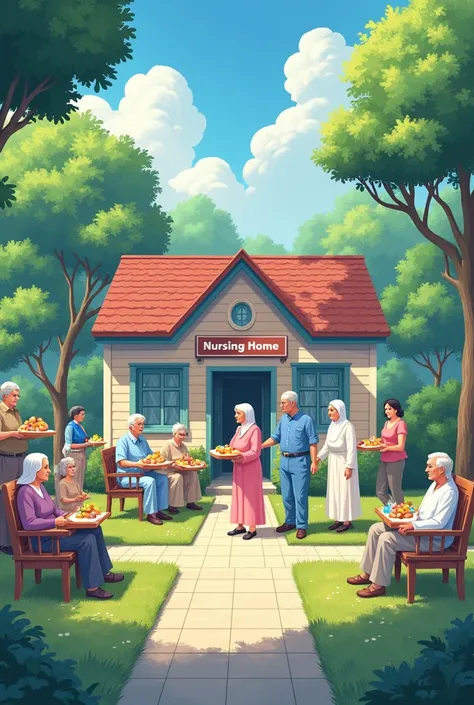 A house with a board that says “NURSING HOME” ,  MANY OLD GRANDPARENTS SIT AND WALK IN THE YARD OF THE HOUSE,  THERE ARE TWO BEAUTIFUL SISTERS IN WHITE ,  THERE ARE 3 BEAUTIFUL WOMEN CARRYING TRAYS OF FRUIT AND CRYSTAL ICE CUBES  ,  THERE ARE TWO MEN IN BL...