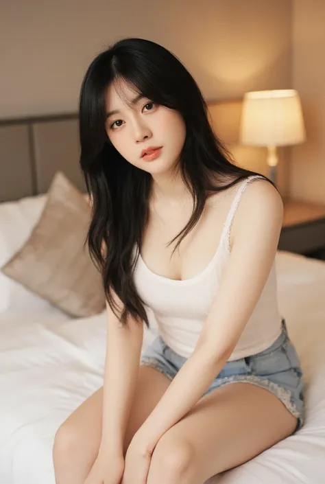 masterpiece,  top quality,  ultra detailed ,   high definition , Better lighting,  best shadows, extremely delicate and beautiful, Proper Shading,  high definition , 8k,  Raytracing ,  hotel room,  Full Photo, Alone, 1 female,  black hair,   on the bed,