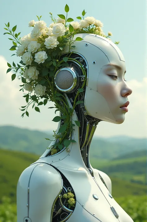 Create a detailed, futuristic portrait of a humanoid figure with a face blending metallic, robotic elements and organic features like vines, greenery, and blooming white flowers. The background is a serene natural landscape with green fields, soft clouds, ...