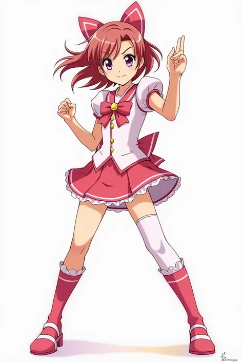  one middle school girl wearing Pretty Cure clothes　Fighting pose with a serious gaze 