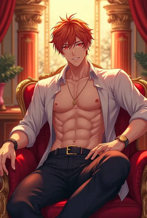 Make an anime manhwa man handsome, beautiful image, best quality, hes very attractive, red eyes, tall, good body, attractive smile, short ash orange hair, royalty room, no t-shirt 