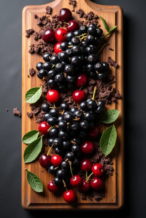 Foto iper realistica  un tavolo elegante con un tagliere visto dall’alto con grappoli di Ribes nero, delle ciliegie, erbe aromatiche, del  cioccolato fondente. Attieniti a ciò che scrivo. Stile moody ma sofisticato. 