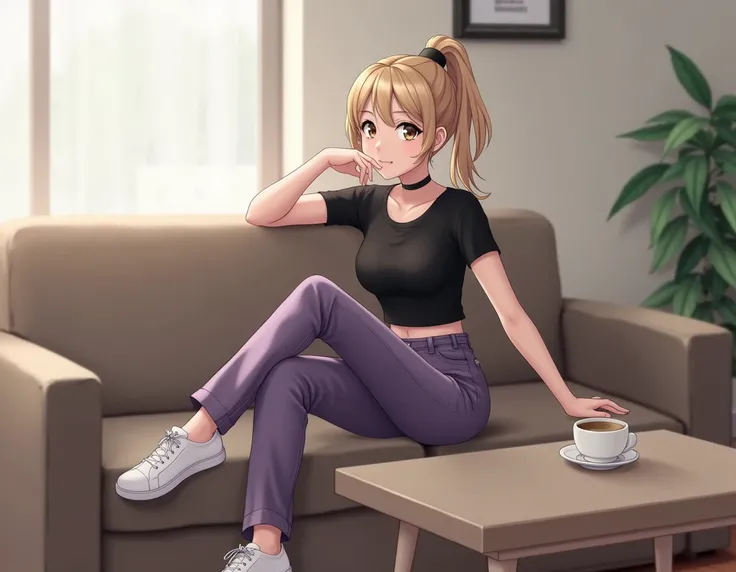 creat a imge of A young white, cute, and beautiful girl is sitting on a couch  girl sit like lady. she hold her face with her hand and her one leg on her second leg She is wearing a black fitted short-sleeve shirt paired with purple jeans and white shoes. ...