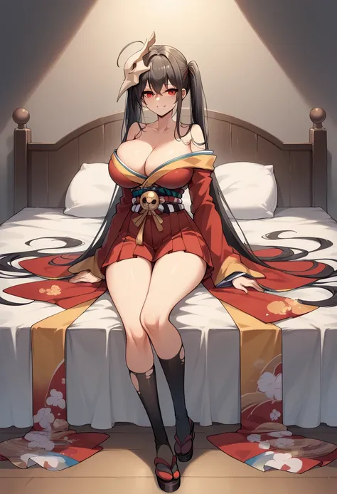 score_9, score_8_up, score_7_up, mlTaiho  ,   off-shoulder kimono , Short kimono,  Twin Tails ,  absolute domain, Wide sleeves,  black thigh high socks to wrap breasts,    huge breasts that are just torn apart,   hakama short skirt ,   red kimono  , simple...