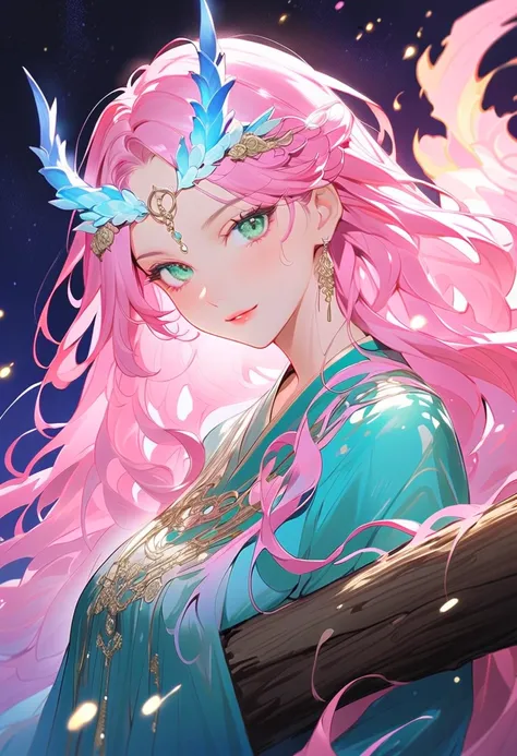 This character is a woman with a magical aura, mature and beautiful, seductive lips. Has long shiny bright pink hair, unique bright light blue horns resembling a dragon. Her sharp green eyes were shining, she was wearing a short, white, blue dress decorate...