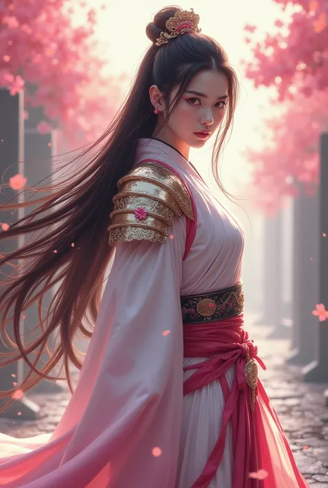 "A breathtaking, award-winning manga-style portrait of a stunning geisha warrior, standing on an ancient, cracked stone bridge shrouded in luminous mist. Her armor, a blend of gleaming white and matte pink tones, is intricately detailed with flowing floral...