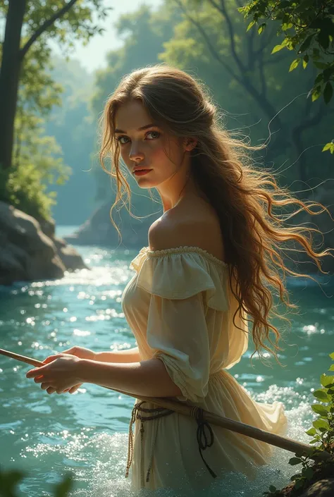 Beautiful girl with wavy long hair and fishing in wild rivers 