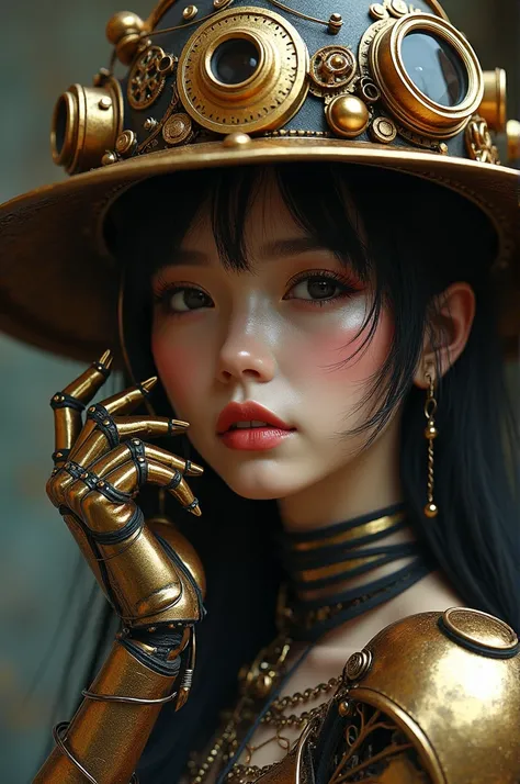 Create a highly detailed steampunk character portrait. The character should have a robotic hand and wear a wide-brimmed hat adorned with gears, lenses, and other steampunk motifs. Use a color palette dominated by warm metallic tones like gold and bronze, c...