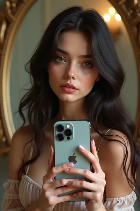 A beautiful and gorgeous girl with latest iphone 16 pro max standing in front of mirror 