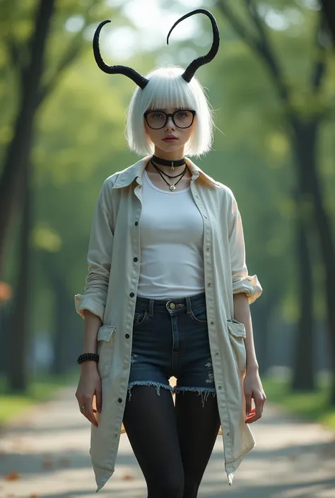 Park, black tights, denim shorts ,  high-heeled boots , white hair,White eyes,  Beautiful ,  in detail,  t-shirt , shirt , four little horns , short stature ,unusual beauty ,adult,glasses