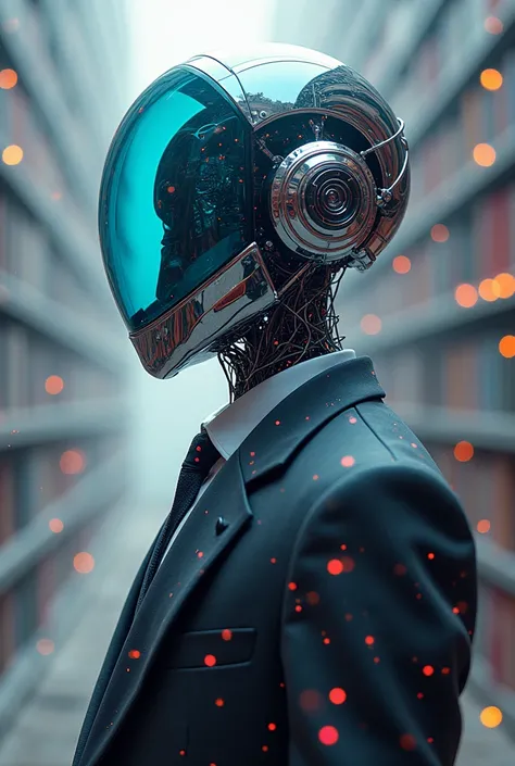 an image of man in a suit and helmet, in the style of cyber punk surrealism, mobile sculptures, chromatic saturation, tinkercore, made of glass, vaporwave, grey academia