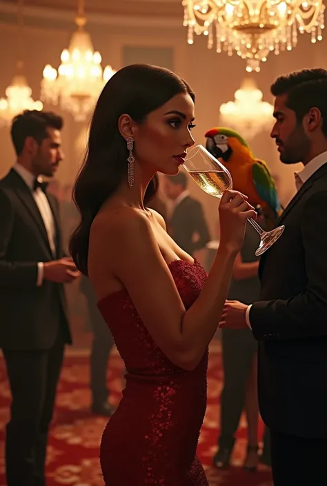  Create an image where a very elegant party room appears where there is a party in progress with people talking to each other a very sensual Caucasian woman drinking a glass of champagne,  at the other end of the party a man of Asian descent winged with tw...