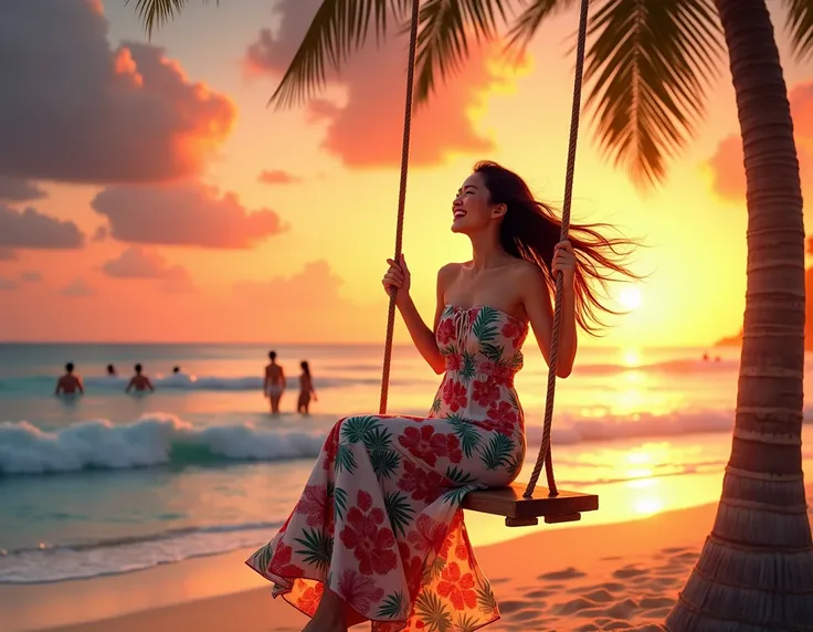 In a picturesque beach setting during sunset, a full-body image of a Korean woman can be seen swinging blissfully on a wooden swing tied to a palm tree. The sky is a kaleidoscope of oranges, pinks, and purples as the sun sinks toward the horizon, casting a...