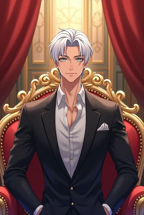 Make an anime manhwa man handsome, beautiful image, best quality, hes very attractive, white eyes, tall, good body, attractive smile, short white hair, royalty room,