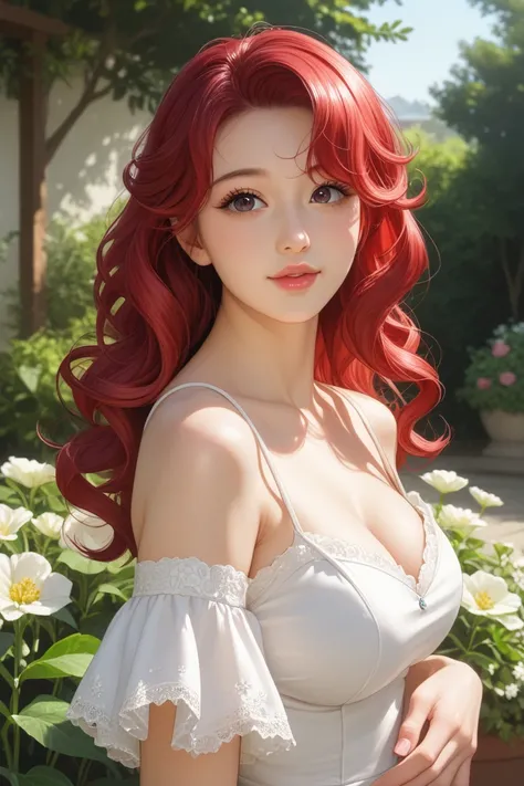 Standing in a garden with flowers いる女性は艶のある口紅をしています ,  delicate facial features,  Big Beautiful Eyes ,  has long eyelashes, Rosy lips,  smooth porcelain skin  ,  soft, short, wavy hair ,紫色の フリルのドレスを着ている, Race Accessories, Standing in a garden with flowers ...