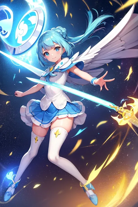  smiling、mecha wing、Thighs、tights、chest、Lillie、lily、 Pokémon、pokemon、 blue eyes 、 Golden Hair 、  1 girl、 solo girl 、 headset、 light blue mini skirt 、mecha girl、 Holding a Sword 、sword、 has a shield、shield