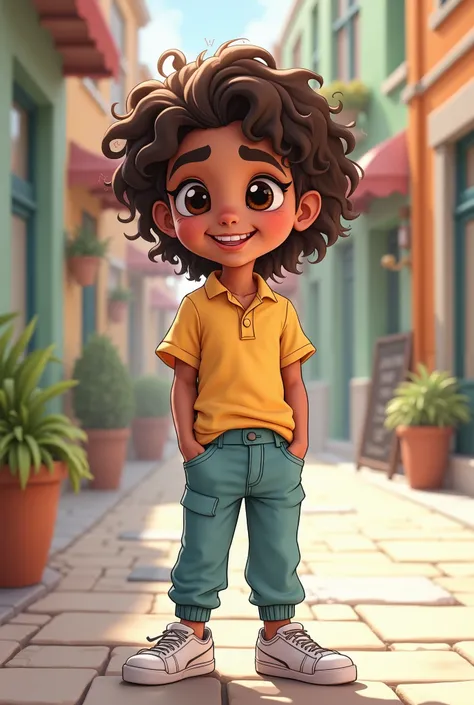 a cartoon character with curly hairs stylish personality good looking face and a smile on his face wearing jeans and polo shirt with joggers 