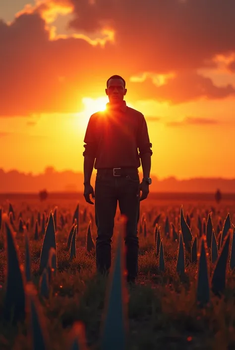 George Floyd in a field of blades under a sunset