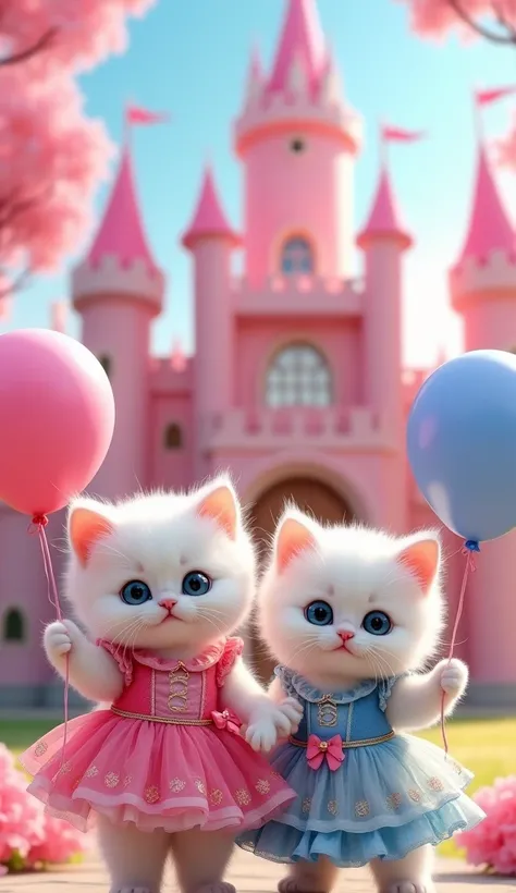 2 cute white kittens dressed in colorful dresses and colorful balloons in their hands and behind a pink princess castle 