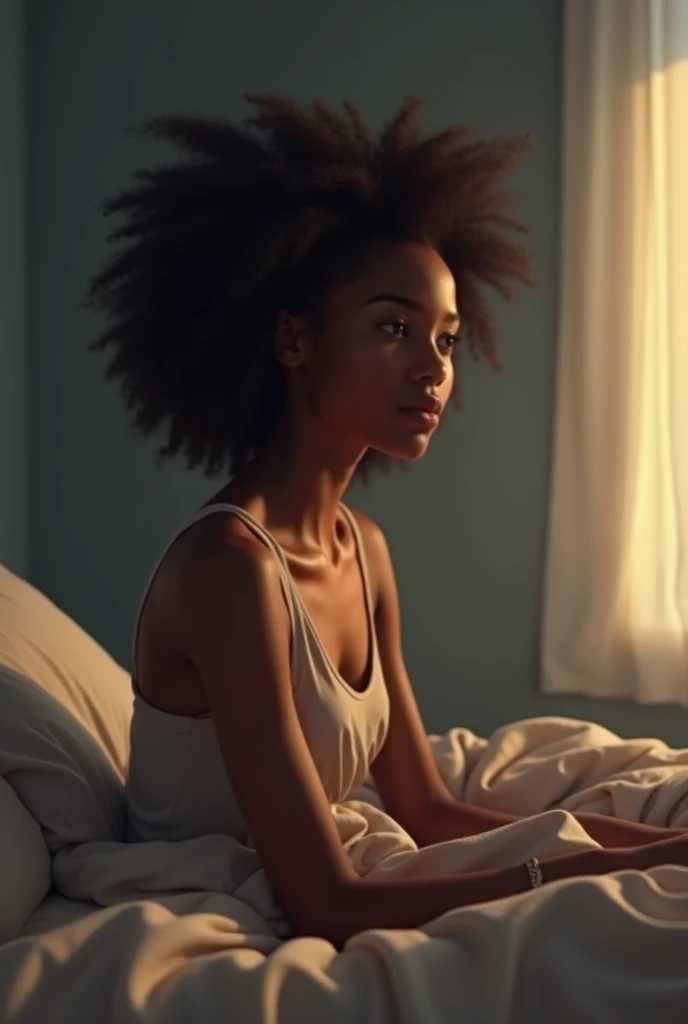 A black woman sitting on the bed after waking up from a dream