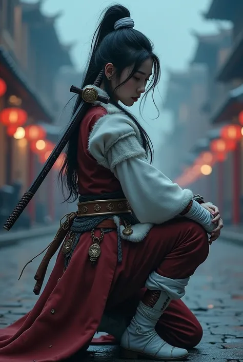 taking a professional photo, a beautiful woman with long hair tied at the back with a shaggy white cloth, hair that is a little messy but looks neat and part of the face is in a charming style. The woman is wearing a charming Chinese knights outfit lined w...