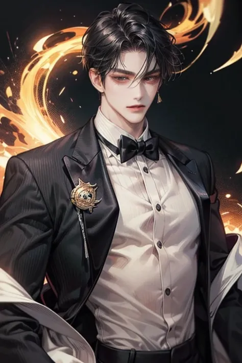 Anime manhwa man, solo, close up, half body shot, slightly muscular, smirking, dark background, black hair, wearing a tuxedo, has tattoo and earrings.