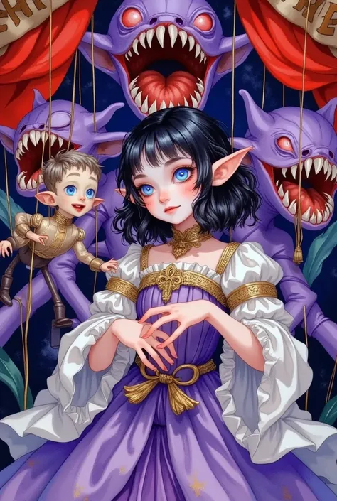 A elf girl with big eyes is wearing a rolls princess costume and playing with a marionette. With a a lot of dark purple gaping mouth of a man-eating flowers in the background, it creates a circus atmosphere.water color illustration, black-haired blue-eyed ...