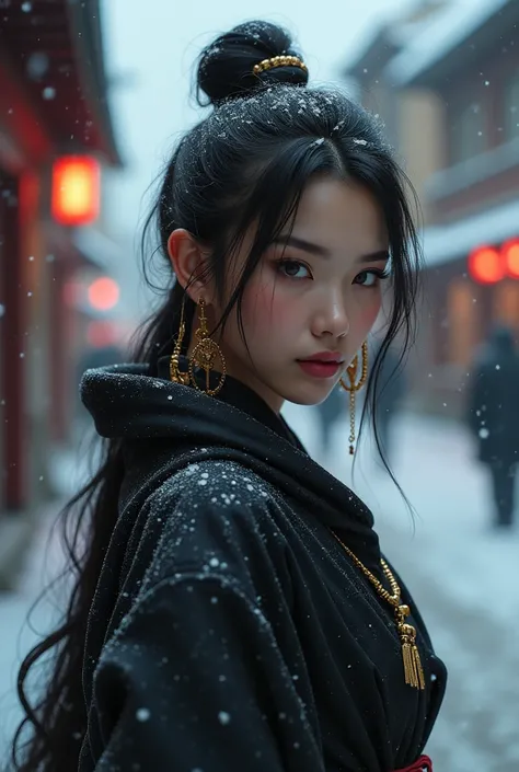 8k wallpaper of a mysterious kunoichi wearing gold jewelry in the streets of a dark snowy town in Russia, by Artgerm, intricate detail, trending on ArtStation, 8k, fluid motion, stunning shading, by Wlop