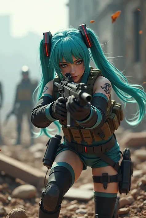 Play Hatsune Miku as if you were on a war field shooting defending a potion in the pure style of Escape from Tarkov but still keeping the style of a
