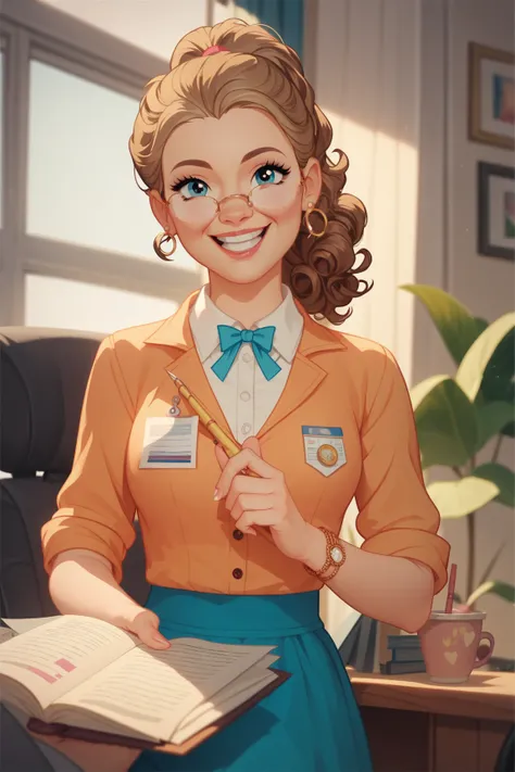 The show the office , cute adorable Pam, accurate to the show, Pam Beesly, dress shirt, cute tan skirt, light brown curly hair ponytail