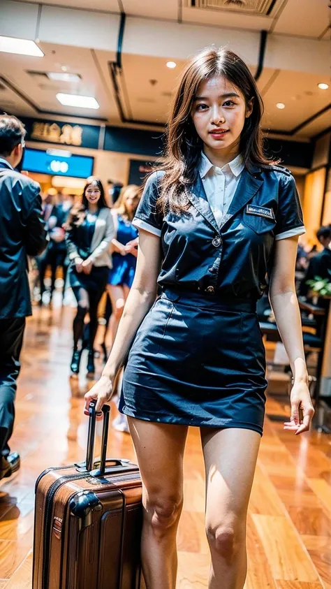 A beautiful, 24-year-old Japanese woman with perfect anatomy, healthy thighs, beautiful legs, beautiful skin, random hair color and style, large breasts, (wearing a flight attendant uniform with a mini-skirt:1.3), (she is standing:1.2), full body shot, pum...