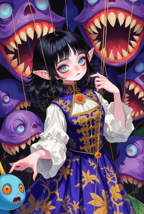 A elf girl with big eyes is wearing a rolls princess costume and playing with a marionette. With a a lot of dark purple gaping mouth of a man-eating flowers in the background, it creates a circus atmosphere.water color illustration, black-haired blue-eyed ...