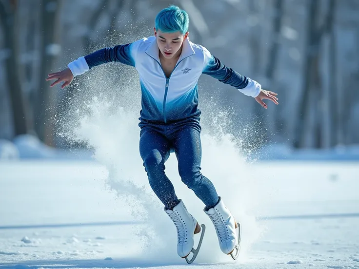 a male, 19 years old, short blue hair,  blue eyes , model face,  strong body ,  (((white and dark blue licra clothing with shiny cristals on it))) , ((((white ice skates))) ,  jumping on the ice in a flowing gesture, (((A big stream of water splashes behin...