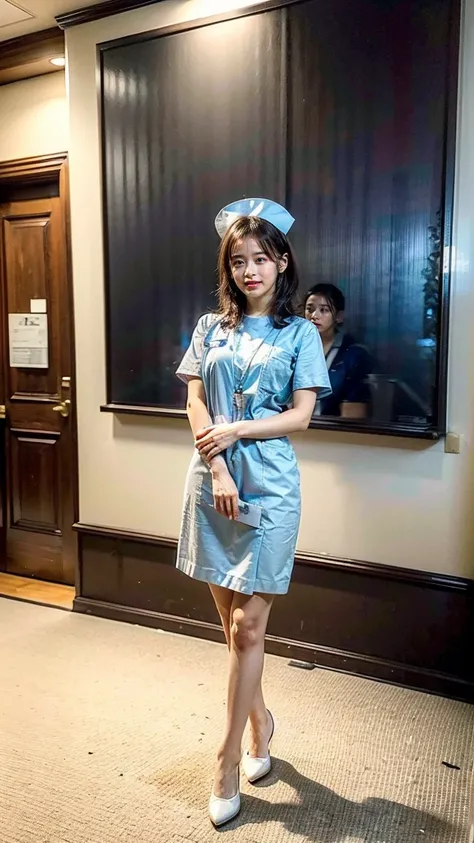 a beautiful young 24-year-old Japanese woman, beautiful, detailed anatomy, beautiful skin, random hair color and hairstyle, big breasts, nurse hat, (nurse uniform:1.3), nurse cap, (she is standing:1.2), full body shot, high heels, hospital, (best quality,8...