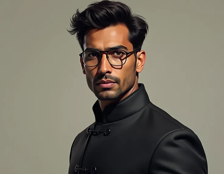 create a 2/3 pose of a young , fair & handsome indian leader looking towards camera with determined expression wearing high collar chinese coat and glasses, the mann should look like ranvir kapoor , very fair and handsome , full body shot , head to toe sho...