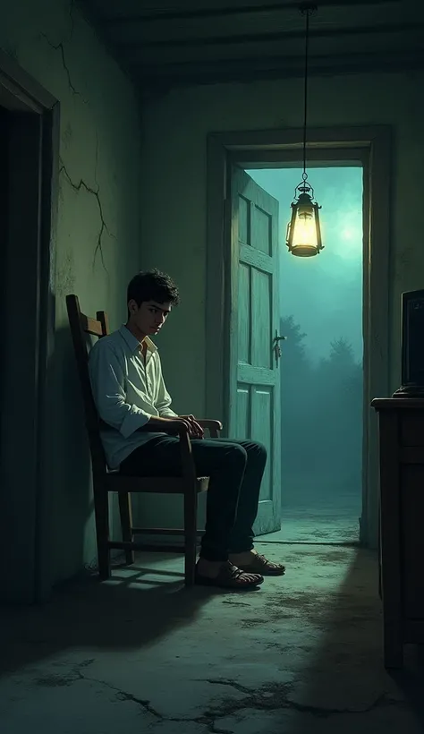 A dimly lit, old rural house with cracked walls and wooden furniture, surrounded by an eerie, foggy night. A young man named Rahul, wearing a white shirt and dark trousers, sits alone on a creaky wooden chair, looking uneasy. The setting is quiet, with a l...