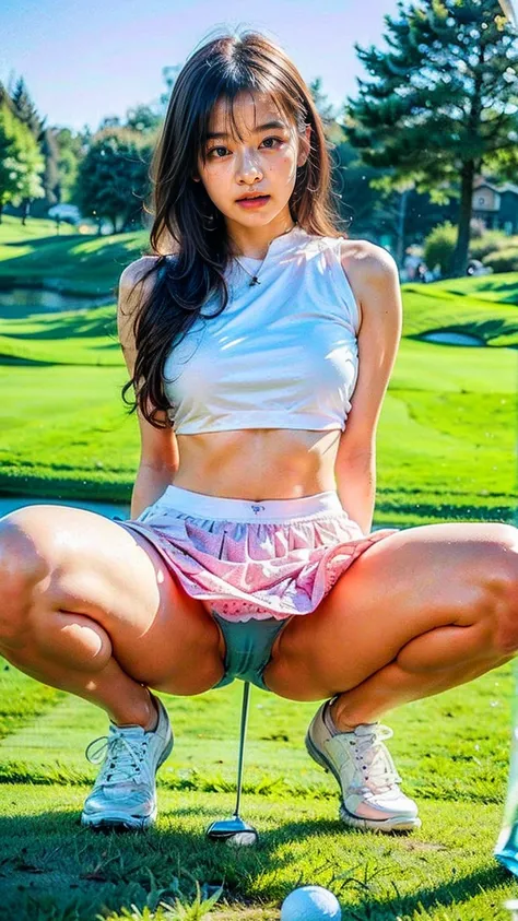 8k, (masterpiece, best quality:1.3), (very detailed :1.2,) perfect anatomy, Beautiful Japanese woman, (squat:1.4), Golf squatting, (Spread her legs so that her crotch is clearly visible :1.5), open leg, (Arms folded behind back:1.3), Healthy Thighs, beauti...