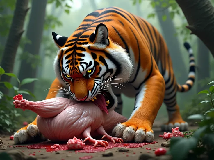 The tiger is eating raw chicken