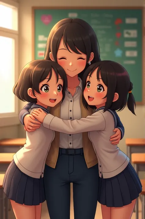  2 School girls hugging his sir in class room
