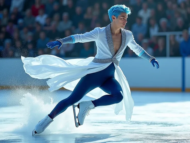 a male, 19 years old, short blue hair,  blue eyes , model face,  strong body ,  (((elegant white and dark blue licra clothing with shiny cristals on it))) , ((((white ice skates))) ,  jumping on the ice in a flowing gesture, (((A big stream of water splash...