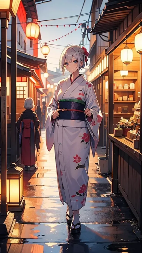 “An elderly woman in her 60s, with a dignified and calm demeanor, standing in front of her traditional kimono shop in an old-fashioned shopping district. She has short, graying hair and wears a simple yet elegant traditional Japanese kimono. She smiles gen...