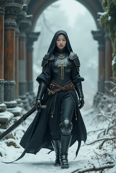 Highest quality、masterpiece、超High resolution、(Photorealistic:1.4)、RAW Photos、long distance shot of The beautiful (Korean) lady catholic nun with (hairstyle), and nun-hair veil. Dressing in (black and white) heavy mecha-nun dress armor. short pants, and boo...