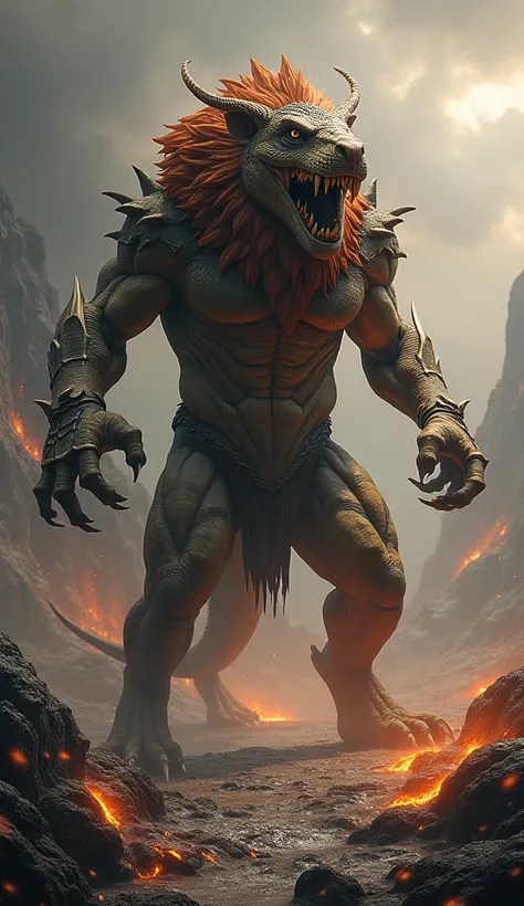 "Design a powerful hybrid creature that combines the traits of a massive lizard and a lion. The creature features the muscular frame and flowing mane of a lion, seamlessly merging with the scaly, armored body and long, whip-like tail of a lizard. Its head ...