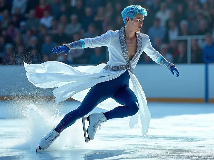 a male, 19 years old, short blue hair,  blue eyes , model face,  strong body ,  (((elegant white and dark blue licra clothing with shiny cristals on it))) , ((((white ice skates))) ,  jumping on the ice in a flowing gesture, (((A big stream of water splash...