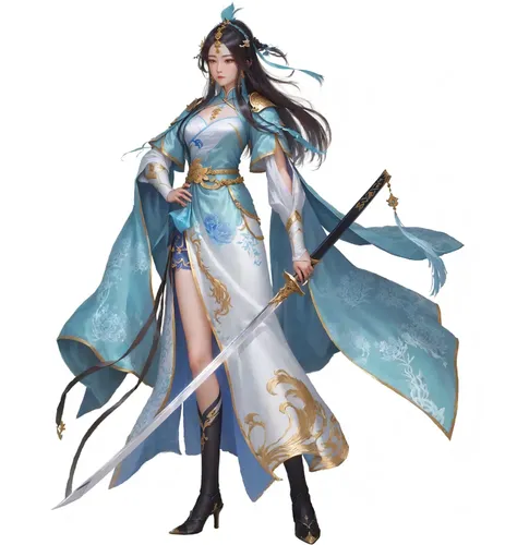  close-up shot ：A woman in a blue dress、Woman holding a sword, Full body fairy, Full body martial arts, Xianxia hero, Zhao Yun, yun ling,   was inspired by Li Meishu  ,  is inspired by a close-up shot of a box of chocolates on Ju Lians , Inspired by Li Tan...