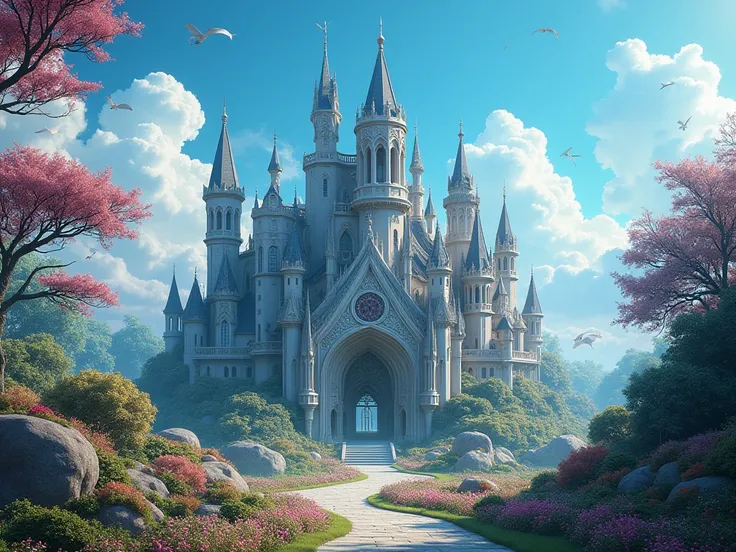  Create a scenario of an elite magic school, Elite school ,   Magic World , colorful blue sky , beautiful sky,  fantasy world , Flora, without people, no people,  school front view 